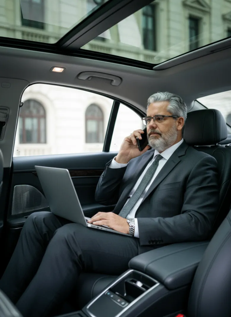 Business professional working on a laptop while traveling by car