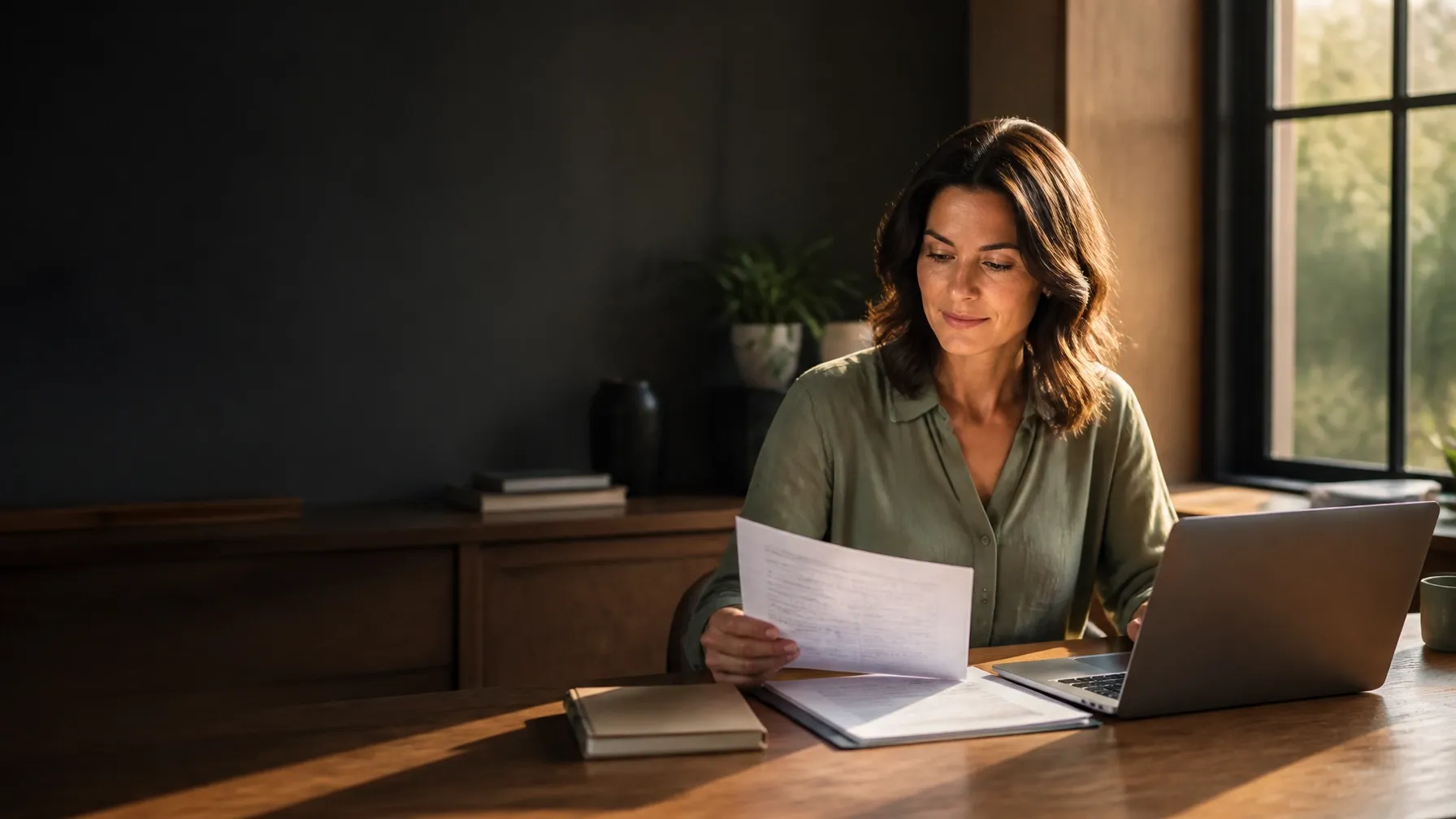 Small-business owner reviewing benefits paperwork at her desk